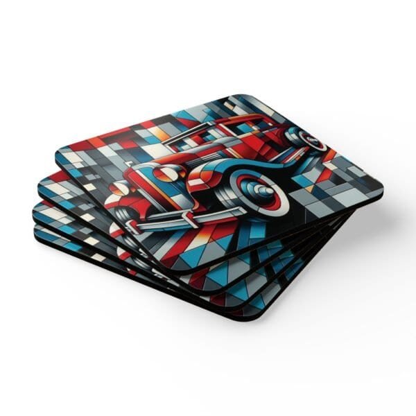 Set of coasters with cubism style art of an old care. Shown stacked on a table.