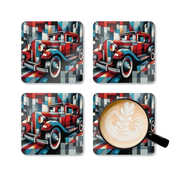 Set of coasters with cubism style art of an old care. Shown with a mug for scale.