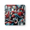 Square coaster with an old car in cubism style art printed on it.