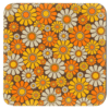 Square coaster with 1960's hippie style daisy pattern in orange, yellow, brown and off white colors.
