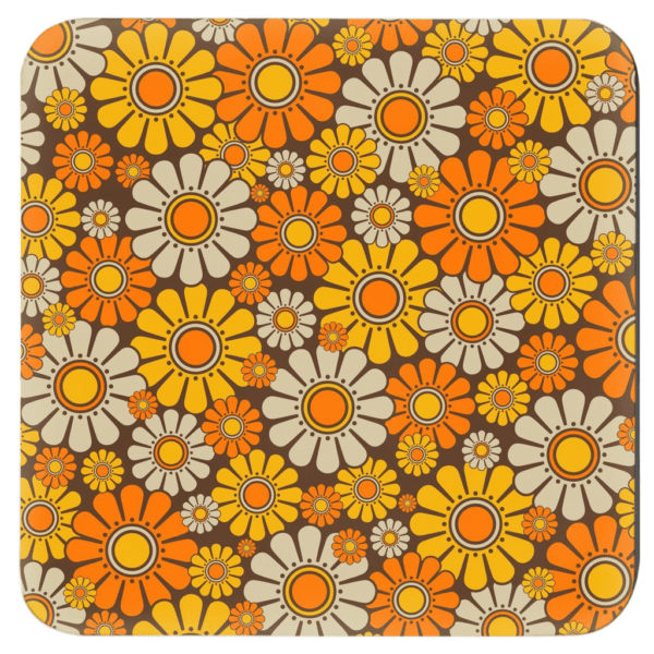 Square coaster with 1960's hippie style daisy pattern in orange, yellow, brown and off white colors.