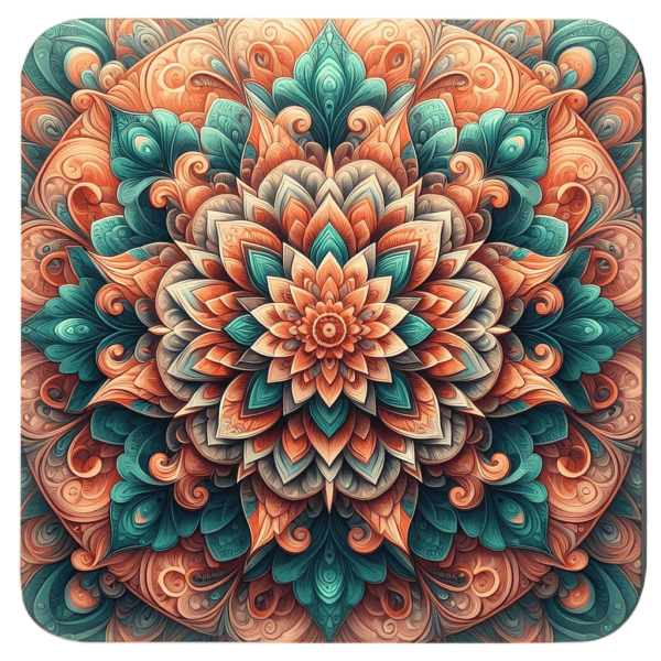 Coral and green mandala design on a square coaster.