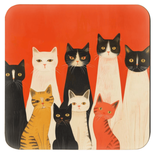 Square coaster with image of stylized cats on an orange background.