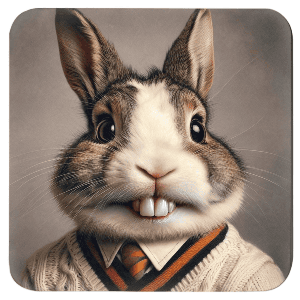 Anthropomorphic rabbit with exaggerated front teeth in a goofy school‑photo style portrait.
