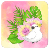 Square coaster with an image of a cute white cockatoo parrot and a pink and yellow watercolor background.