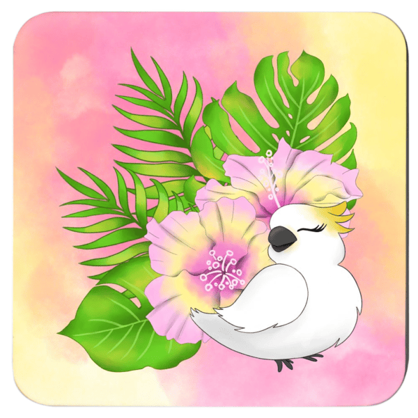Square coaster with an image of a cute white cockatoo parrot and a pink and yellow watercolor background.
