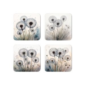Set of 4 square dandelion seed coasters with watercolor style images of dandelions printed on them.