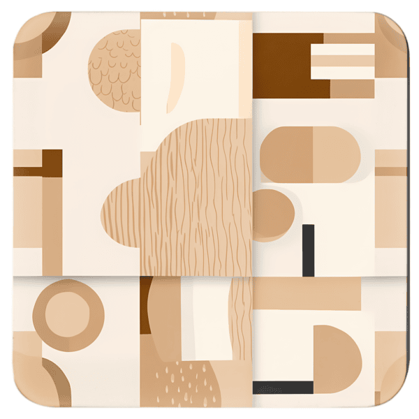 Square coaster with neutral tan, beige and soft brown abstract shapes print.