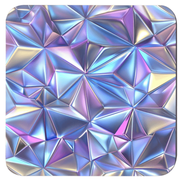 Square coaster with triangle geometric design in multi colors that have a subtle holographic look printed on it.