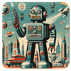 Square coaster with an image of a retro mid century modern design robot printed on it.
