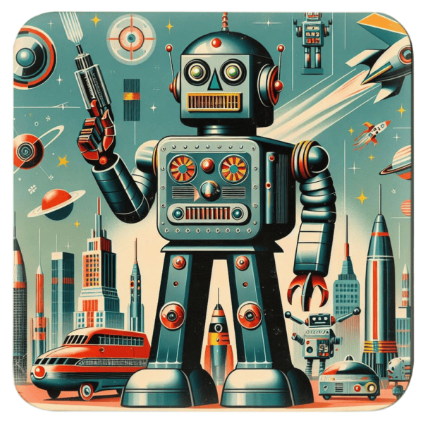 Square coaster with an image of a retro mid century modern design robot printed on it.