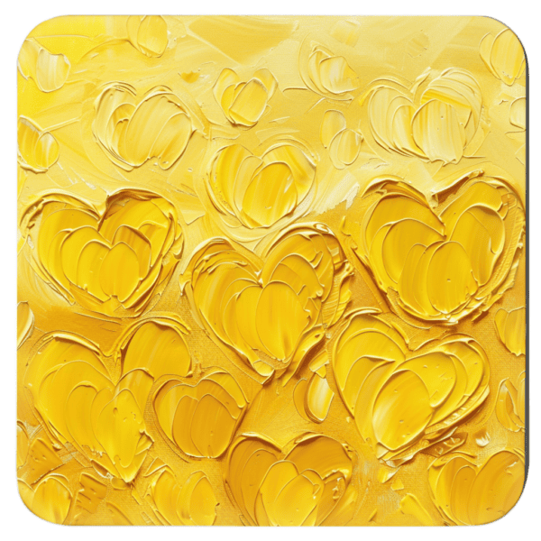 Square coaster with yellow impasto style heart painting print.