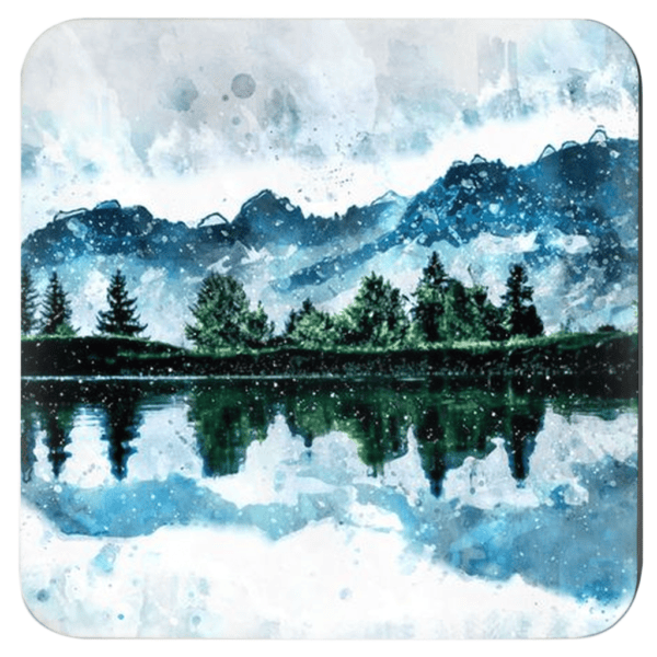 Watercolor art print of a mountain, trees and a lake.