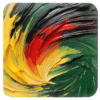 Square coaster with impasto style paint images in red, yellow, green and black.
