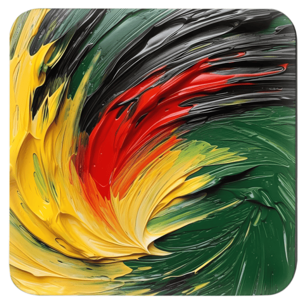 Square coaster with impasto style paint images in red, yellow, green and black.