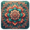 Coral and green mandala design on a square coaster.