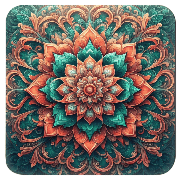 Coral and green mandala design on a square coaster.