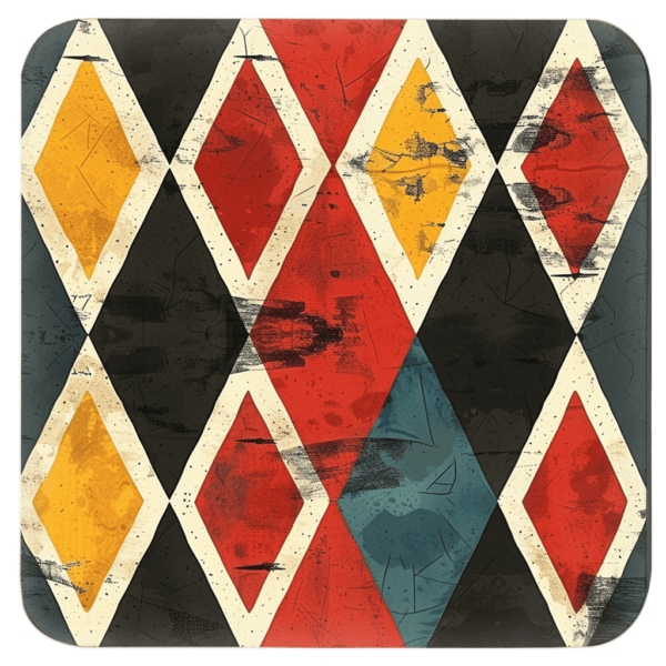 Square coaster with a geometric tribal design.