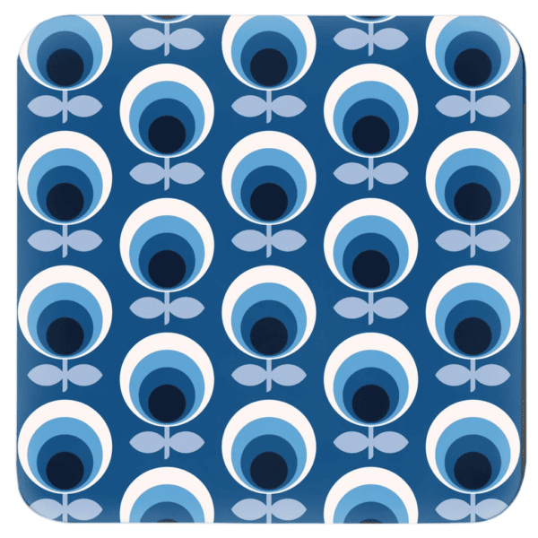 Square coaster with a blue and white mid century modern circle print design.