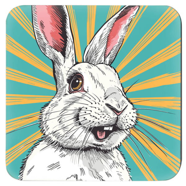 Retro comic style white bunny rabbit with aqua and yellow starburst background.