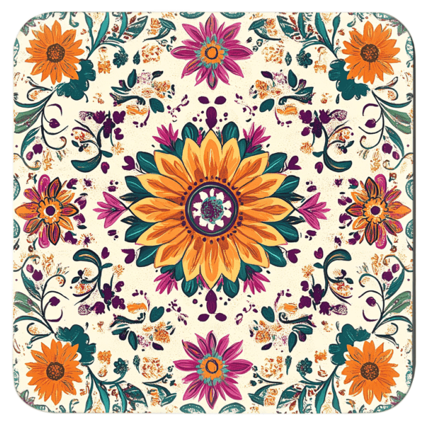 Boho style floral medallion design with sunflower in the center.