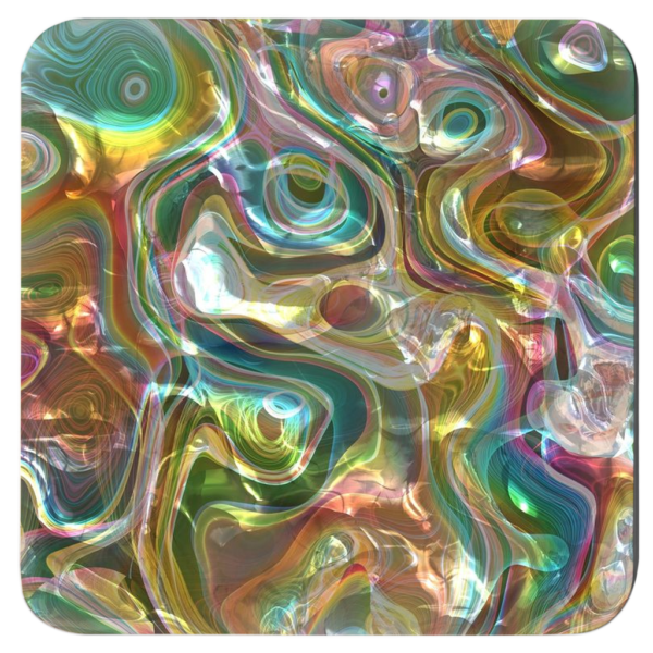 Iridescent look marble print coaster on table.