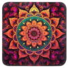 Square coaster with image of a bright hot pink, orange and yellow mandala printed on it.