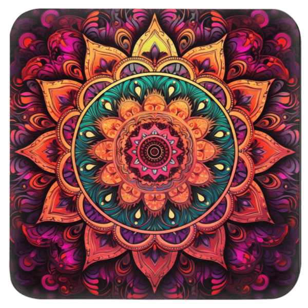Square coaster with image of a bright hot pink, orange and yellow mandala printed on it.