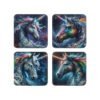 Set of 4 coasters with images of fantasy style unicorns with rainbow accents.