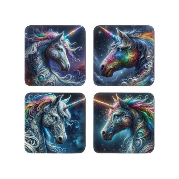 Set of 4 coasters with images of fantasy style unicorns with rainbow accents.