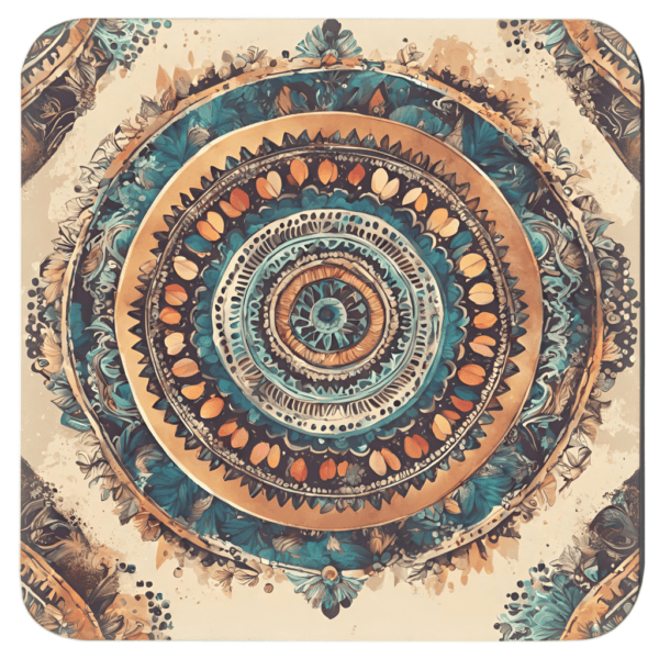 Square coaster with a watercolor style mandala in earthy tones.