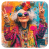 Stylized image of a grey haired woman wearing super bright colors giving peace signs with both hands.