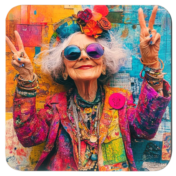 Stylized image of a grey haired woman wearing super bright colors giving peace signs with both hands.