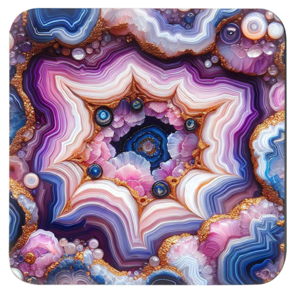 Square coaster with purple, blue, which and gold agate slice design.