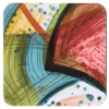 Square coaster with colorful abstract art printed on it.