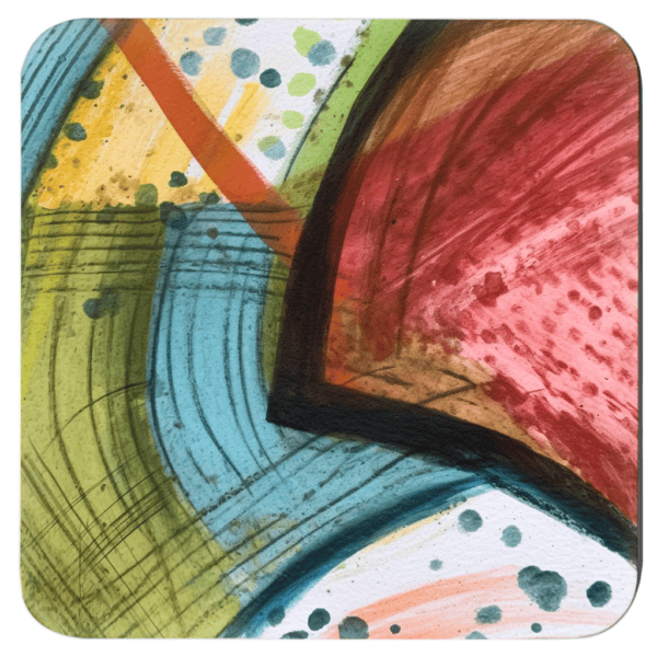 Square coaster with colorful abstract art printed on it.
