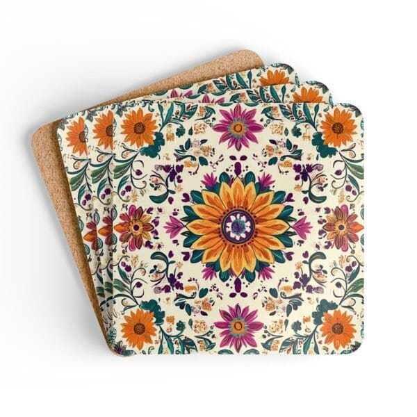 Set of coasters with a boho style floral medallion design with sunflower in the center.