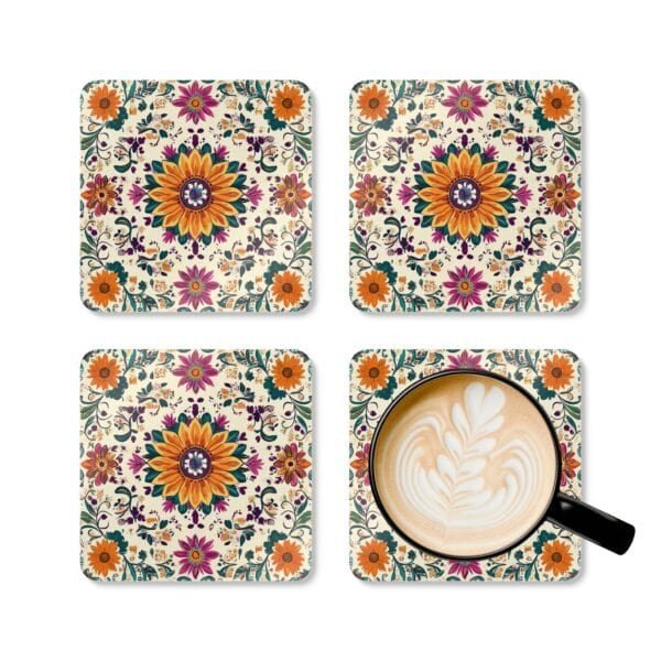 Set of coasters with a boho style floral medallion design with sunflower in the center.