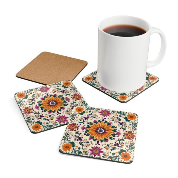 Set of coasters with a boho style floral medallion design with sunflower in the center.