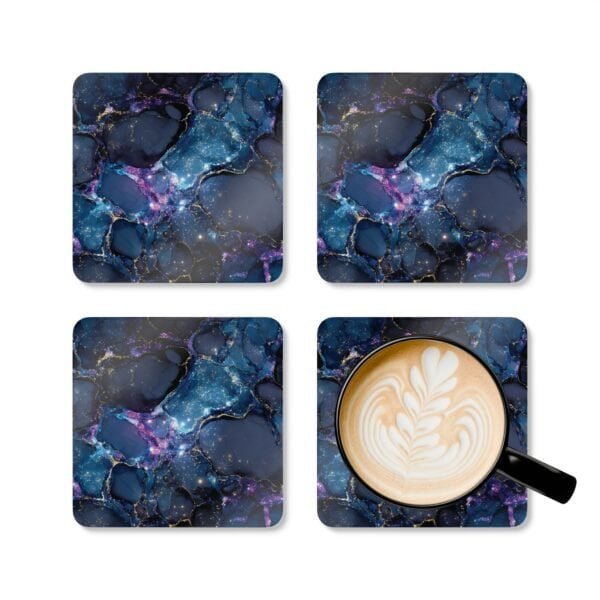 Set of 4 square coaster with black galaxy marble design in purples turquoise tones. Shown with a mug for scale.