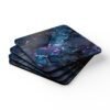 Set of 4 square coaster with black galaxy marble design in purples turquoise tones. Shown stacked on a table.