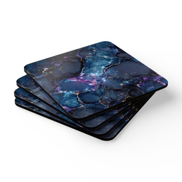 Set of 4 square coaster with black galaxy marble design in purples turquoise tones. Shown stacked on a table.