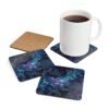 Set of 4 square coaster with black galaxy marble design in purples turquoise tones. Shown with a mug for scale.