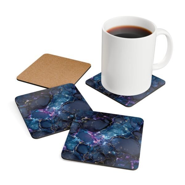 Set of 4 square coaster with black galaxy marble design in purples turquoise tones. Shown with a mug for scale.