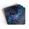 Set of 4 square coaster with black galaxy marble design in purples turquoise tones. Shown stacked on a table.