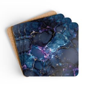 Set of 4 square coaster with black galaxy marble design in purples turquoise tones. Shown stacked on a table.