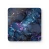 Square coaster with black galaxy marble design in purples turquoise tones.
