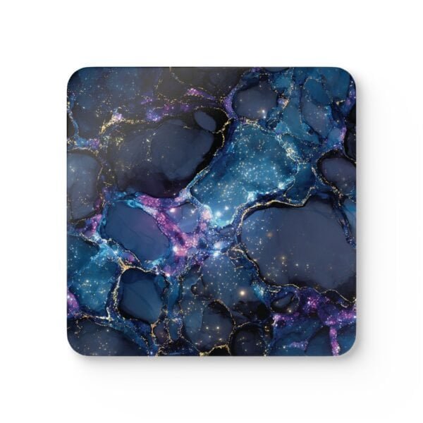Square coaster with black galaxy marble design in purples turquoise tones.
