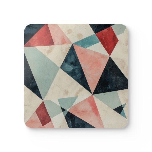 Geometric design with triangles in red, pink, white and aqua colors.