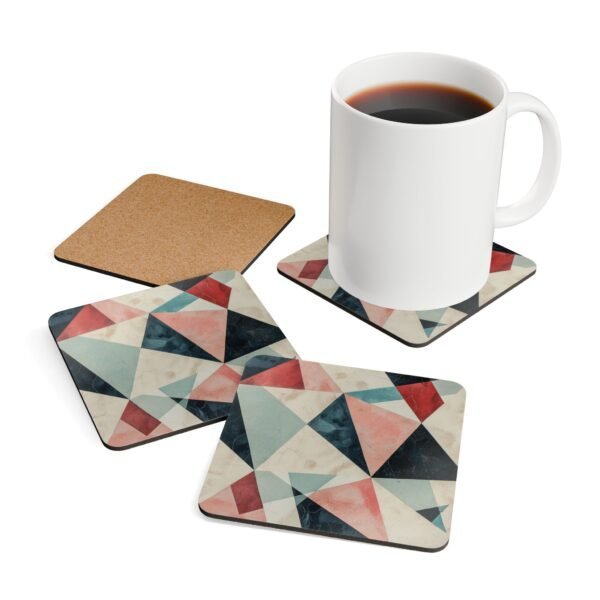 Coaster set with geometric design in triangles in red, pink, white and aqua colors.